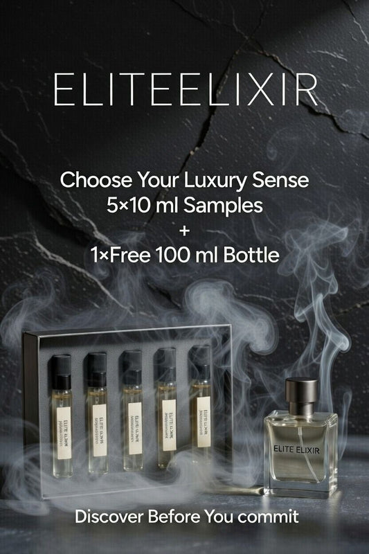 Elite Elixir perfume sample set - 5 fragrance samples plus free 100ml bottle offer, South Africa